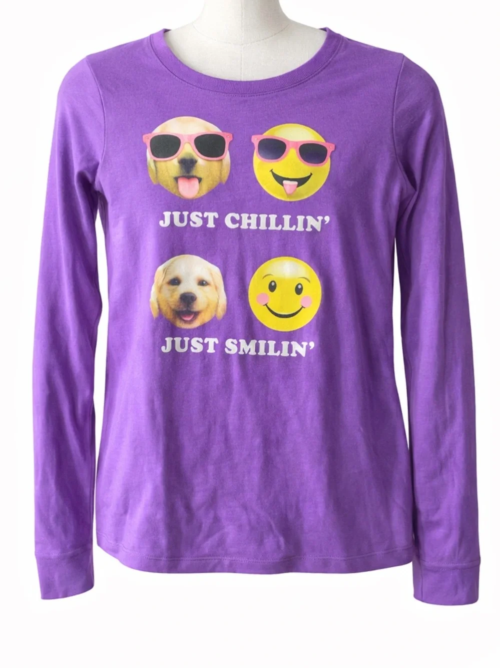 Justice Purple Long Sleeve Emoji & Puppy Graphic Tee size 14